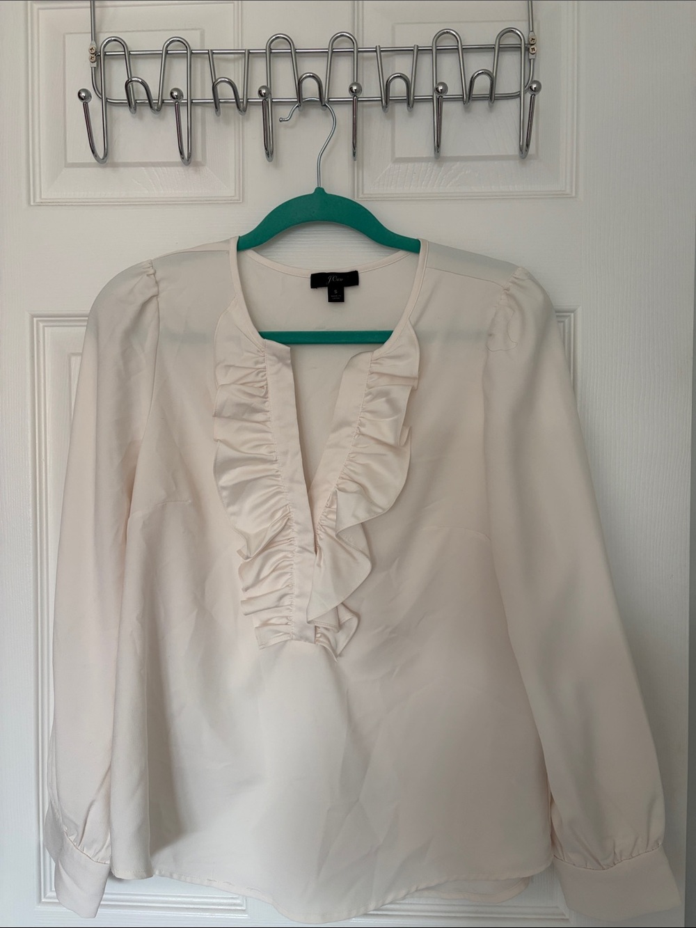 J. Crew Cream Ruffled V-Neck Long-Sleeve Blouse